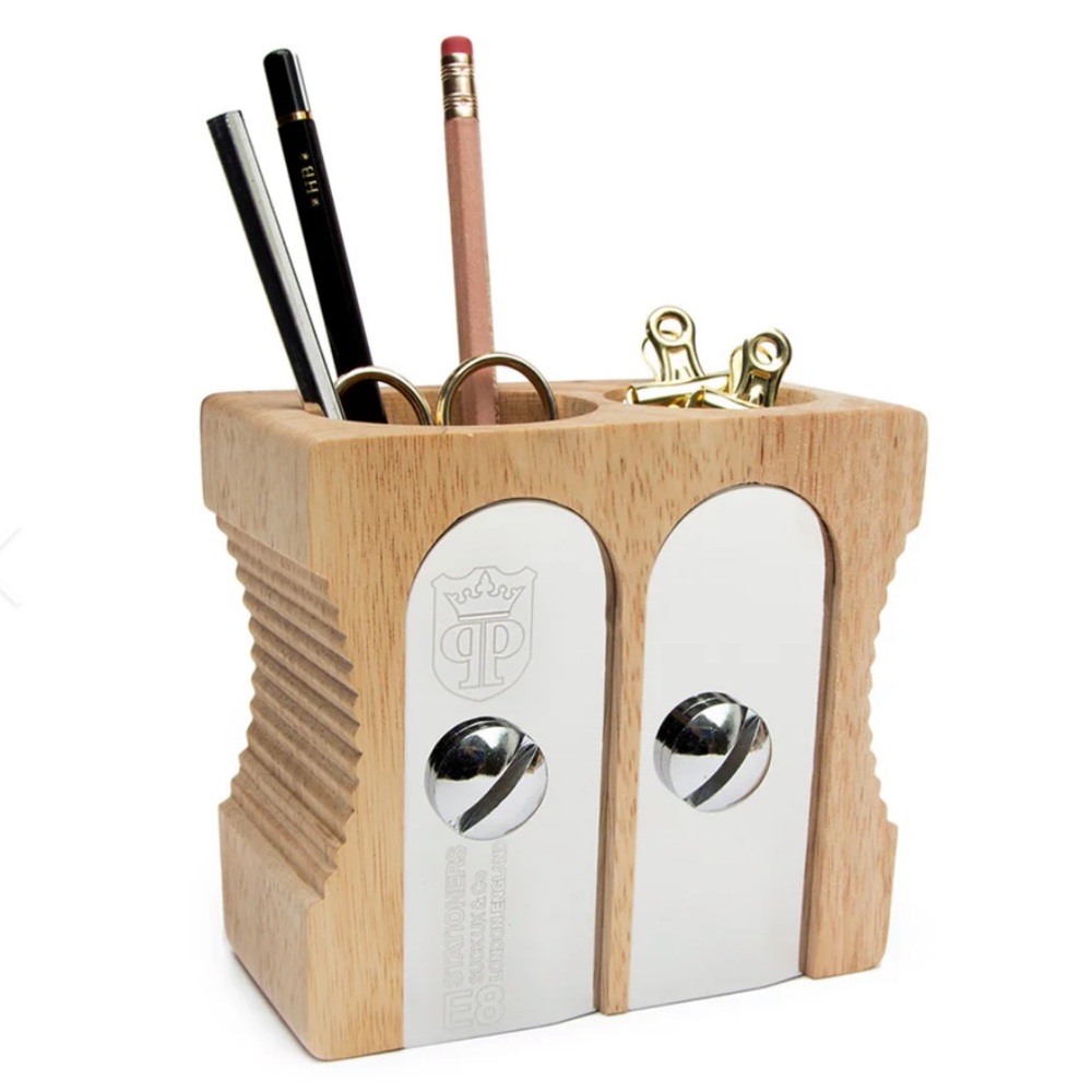 SuckUK Double Sharpener Desk Tidy Cup Pencil Gift Back to School Light Wood Cult